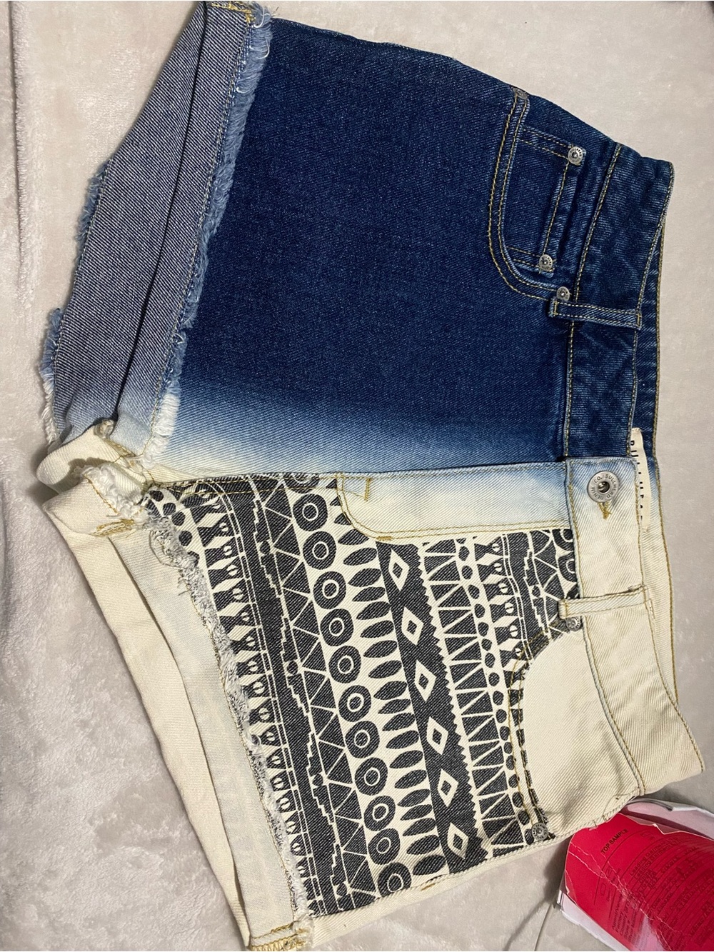 Bullhead Two-Tone Blue and Cream Tribal Print Denim Shorts